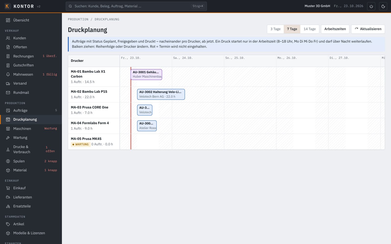 Druckplanung als Zeitachse pro Drucker